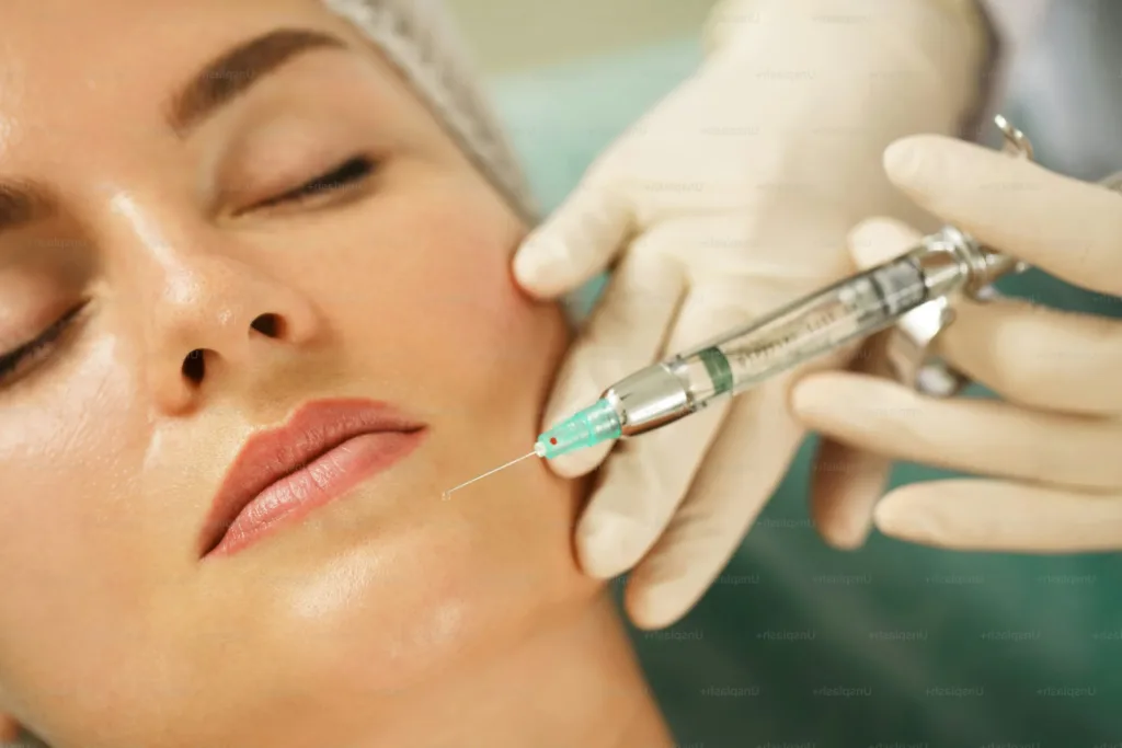 Close-up of a woman undergoing a professional facial injection for Botox in Novi, highlighting a non-surgical cosmetic procedure to smooth wrinkles and rejuvenate the skin.