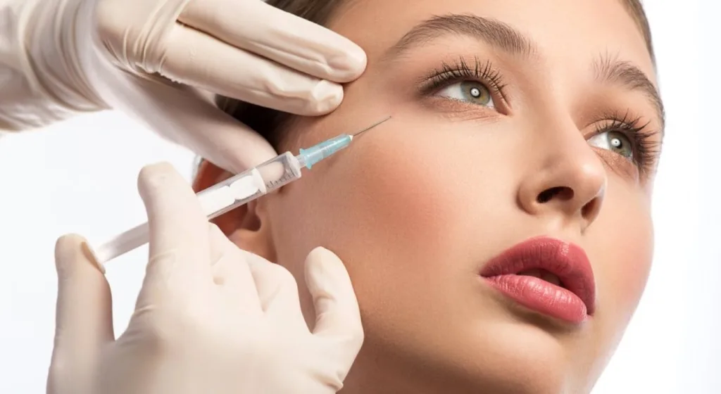 Woman receiving Botox injection near the eye area for smoother skin and wrinkle reduction, showcasing botox benefits for face in Novi, Michigan.