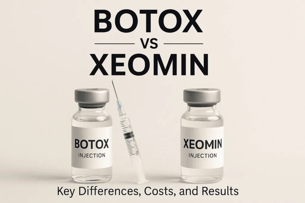 Botox vs Xeomin comparison image featuring two labeled vials—one for Botox and one for Xeomin—with a syringe placed between them, highlighting key differences, costs, and results. Ideal for articles on 'botox vs xeomin' and injectable treatments.