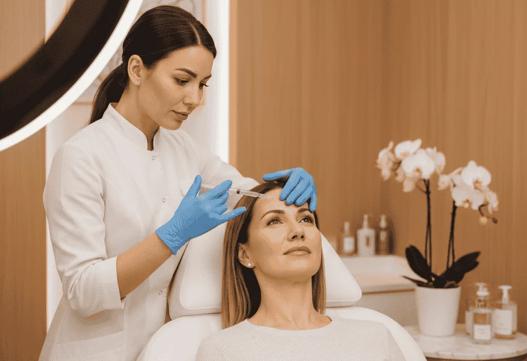 A woman in a medical spa setting is receiving Anti Wrinkle Injections from a professional in blue gloves, targeting her forehead while she relaxes in a reclined chair.