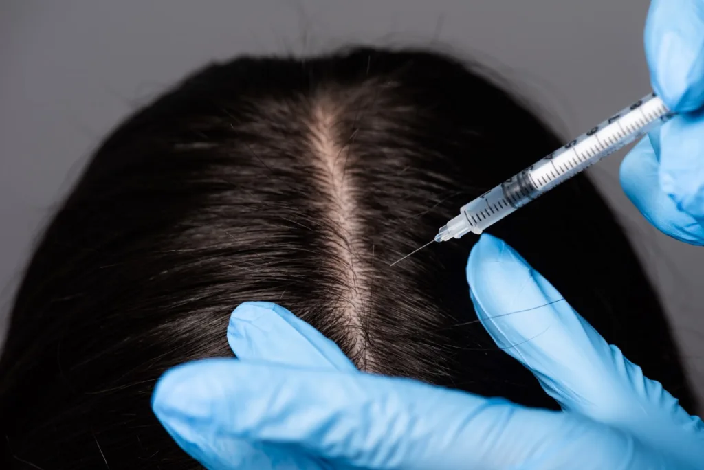 PRP hair restoration treatment in Novi, MI showing platelet-rich plasma injection into the scalp to stimulate natural hair growth.