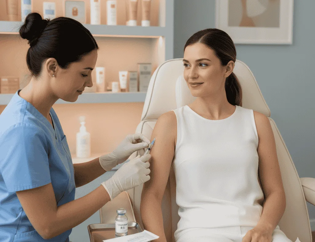 A healthcare professional administering a vitamin injection to a smiling woman in a modern clinic, illustrating the comfort and care provided during vitamin injections in Novi.