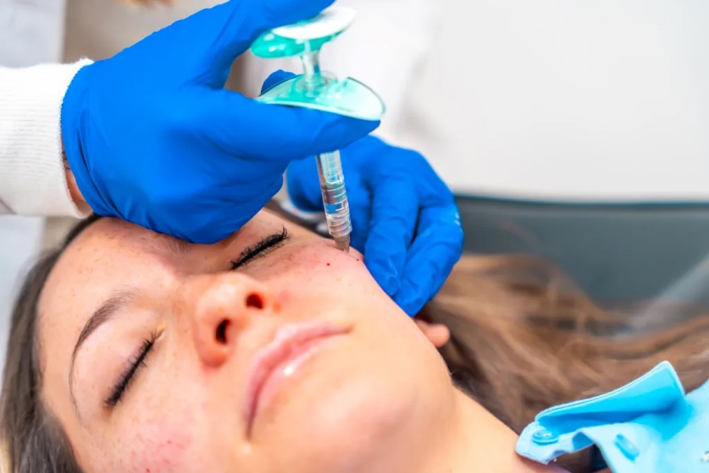 A medical professional wearing blue gloves carefully administering a facial injection to a relaxed patient, illustrating a cosmetic treatment such as Botox in Novi performed in a clean clinical setting.