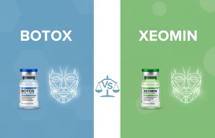 Illustration comparing Botox vs Xeomin with labeled vials and facial muscle graphics highlighting the differences between the two injectables.