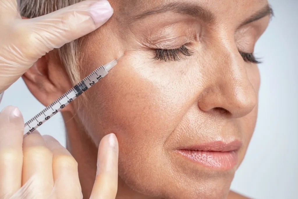 A professional administering a cosmetic injection near a woman’s eye area, representing botox in Novi for reducing fine lines and crow’s feet.