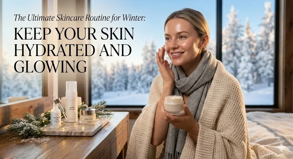 A woman applying moisturiser as part of her winter skincare routine, surrounded by skincare products on a wooden table, illustrating the importance of keeping skin hydrated and glowing during cold weather.